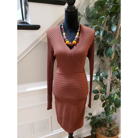 Forever 21 Fit & Flare Dress Women's Size OX Brown Rayon Ribbed Knit Long Sleeve - Picture 1 of 13